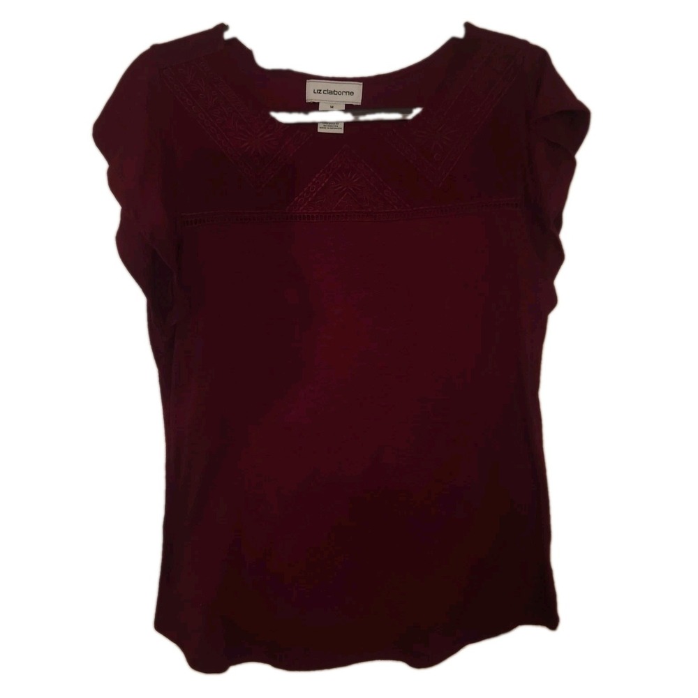Liz Claiborne Burgundy Flutter Sleeve Embroidered Blouse Womens Medium Red